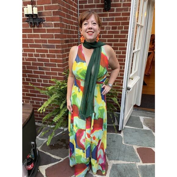 LAUREN RALPH LAUREN Multicolor Tie-Dye Chiffon A-Line Sleeveless Mekkac Gown 4 - Picture 3 of 12